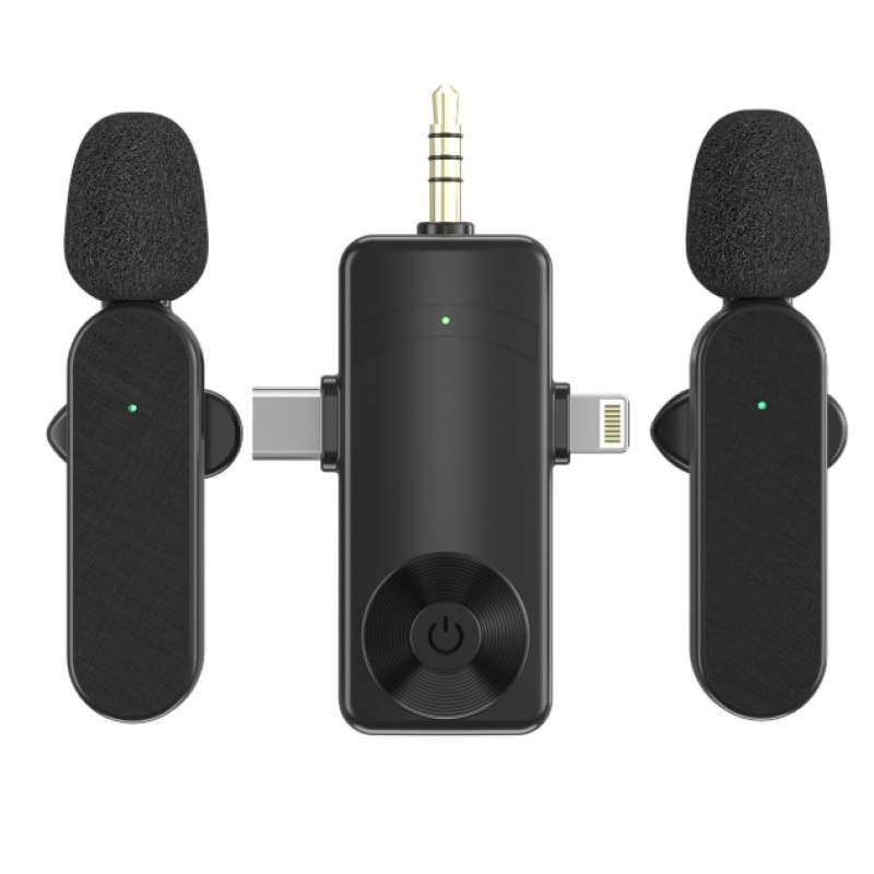 Picture of K15 Wireless Microphone for Type C, iPhone, 3.5mm Video Broadcast Noise Reduction Mini Lapel Microphones, Multi Device 3 in 1 Lavalier Collar Microphone-Black