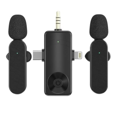 Picture of K15 Wireless Microphone for Type C, iPhone, 3.5mm Video Broadcast Noise Reduction Mini Lapel Microphones, Multi Device 3 in 1 Lavalier Collar Microphone-Black