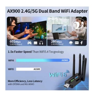 Picture of AX900 WIFI6 Bluetooth 5.4 USB Wireless Adapter 2.4G/5Ghz 900Mbps Dual Band 4-Antennas WiFi Network Card Dongle  All-Black