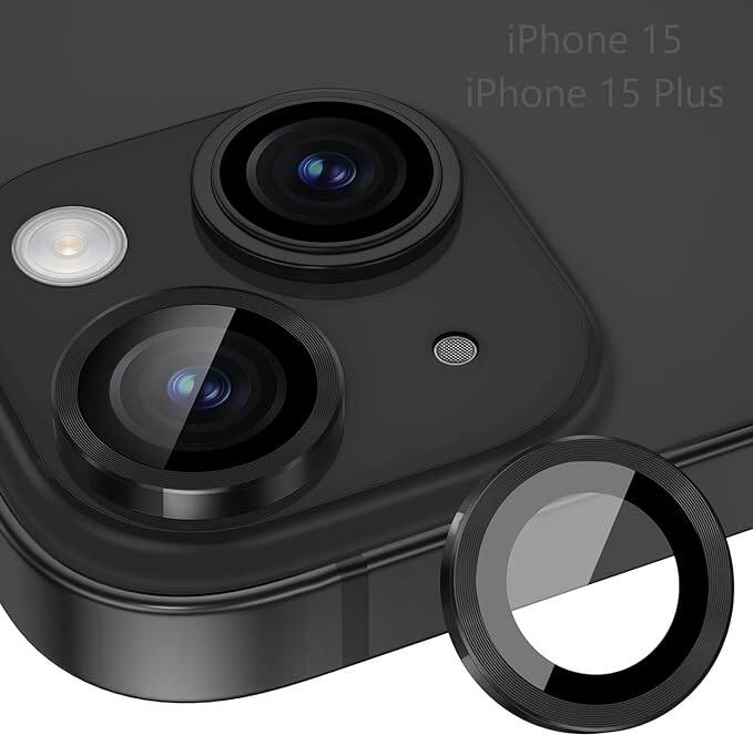 Picture of Black Camera Lens Protector for iPhone 15 & 15 Plus | Unbreakable Scratchproof Individual Professional Tempered glass Ring Protectors, Case Compatible (iPhone 15, Black)