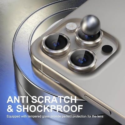 Picture of 2 PACK(3+3) iPhone 15 Pro/iPhone 15 Pro Max Camera Lens Protector, 9H Tempered Glass Screen Protector Metal Ring (Titanium Natural)