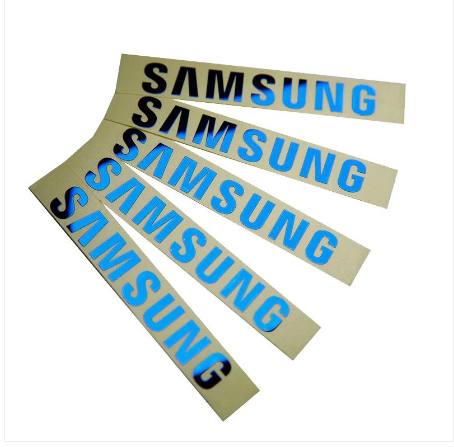 Picture of Electroform super thin metal nickel sticker with thickness of 0.04-0.1mm bright silver gold black white color and strong adhesive make luxury metal logo.