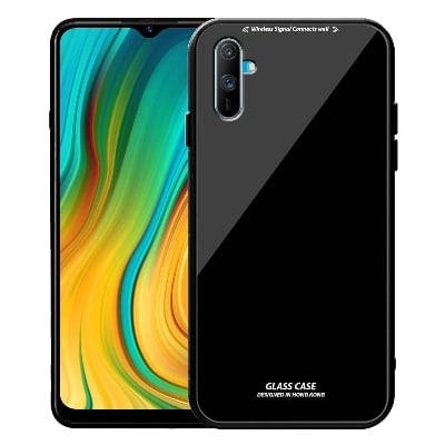Picture of Glass Back Case for Realme c2 Designed Glass with Shockproof Back Cover (Black