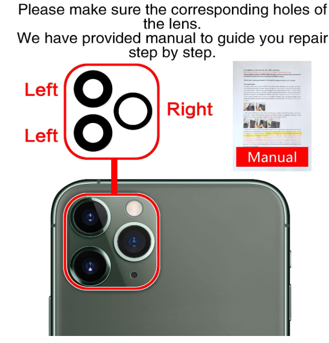 Picture of 2PCS ASDAWN Back rear Camera Lens Glass Replacement for iPhone 11 Pro and 11 Pro Max Camera Lens Replacement with Pre-Installed Adhesive + Installation Manual + Repair Tool Kit