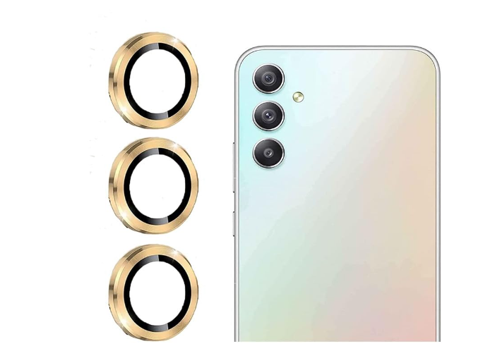 Picture of CoverGallery For Latest New Samsung Galaxy A34 5G Camera Ring Lens Protector Protector Back Camera Lens Screen Protector 3D Anti Shock/Anti Scratch/Clear/Gold Camera Tempered Glass 3 Pc In(Pack Of 1)