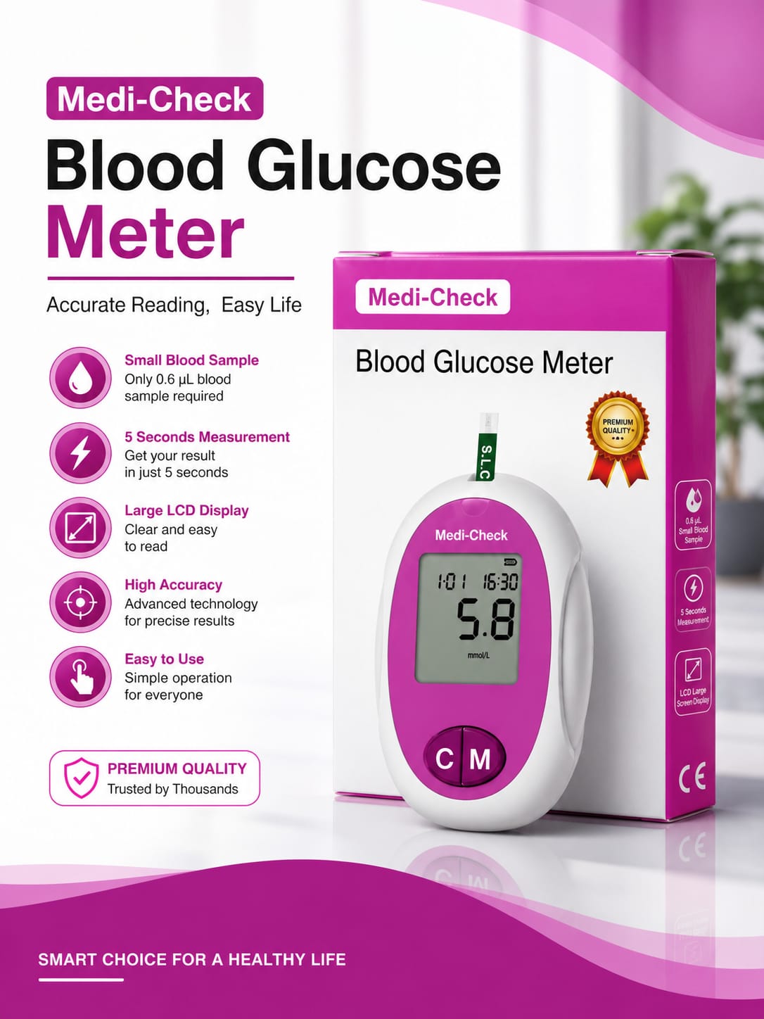 Picture of Medi-Check Premium Blood Glucose Meter Fast, Accurate & Reliable Blood Sugar Monitoring Device for Home & Professional Use