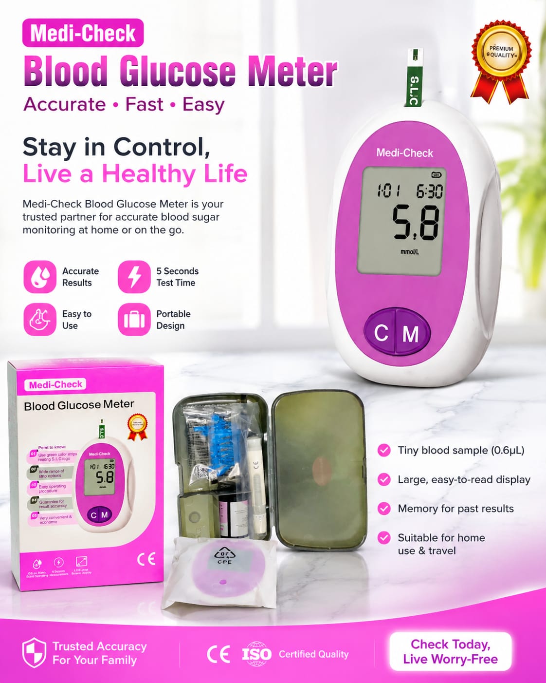 Picture of Medi-Check Premium Blood Glucose Meter Fast, Accurate & Reliable Blood Sugar Monitoring Device for Home & Professional Use