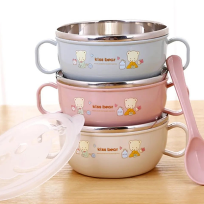 Picture of Stainless Steel Baby Feeding Bowl Set – Insulated, Double-Layered, Cartoon Design, With Lid and Spoon | Easy to Clean Tableware For Kids 1 Pcs-(F-0011)