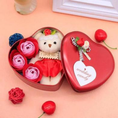 Picture of Heart-Shaped Box with Teddy and Roses Valentine Day Best Love Gift -1pcs-(F-0011)