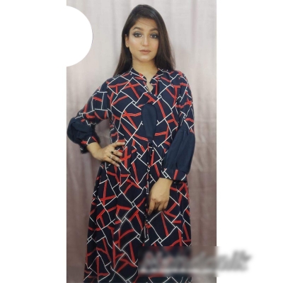 Picture of Neavy Blue Printed Gown Style Kurti With Adjusted Neavy Blue Georgeete Inner 