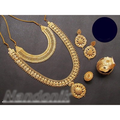 Picture of Elegant & Gorgeous Party-wear Bridal Jewellery Combo Set of Goldplated Necklace With Matching Goldplated Earring, 1 Pair of 2.4 Size Imitation Mokormukho Bala Bengals And 1 Set of Metal Thread Bangles for Women 