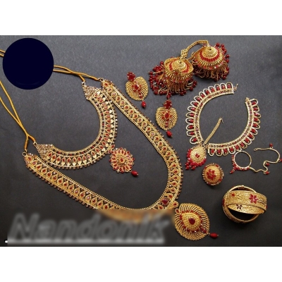 Picture of Elegant & Gorgeous Party-wear Bridal Jewellery Combo Set of Goldplated Necklace With Matching Goldplated Earring, 1 Pair of 2.4 Size Imitation Mokormukho Bala Bengals And 1 Set of Metal Thread Bangles for Women 