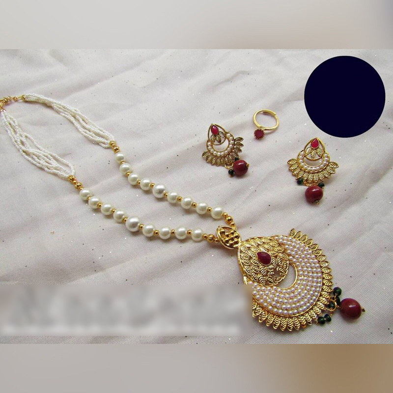 Picture of Elegant & Gorgeous Party-wear Jewellery Set of Artificial Pearl faux Necklace,Earring and Ad stone Finger Ring for Women 