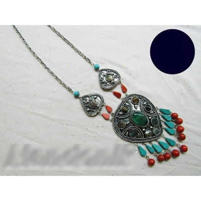 Picture of Fashionable German Silver Metal Uncut Stone Combination Junk Jewelry Chain Neckpiece  For Women 