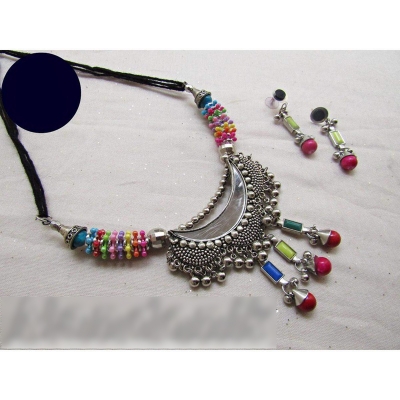 Picture of Fashionable & Trendy Multicolored Beaded German Silver Mirror Junk Jewellery Set of Necklace and Earring for Women 