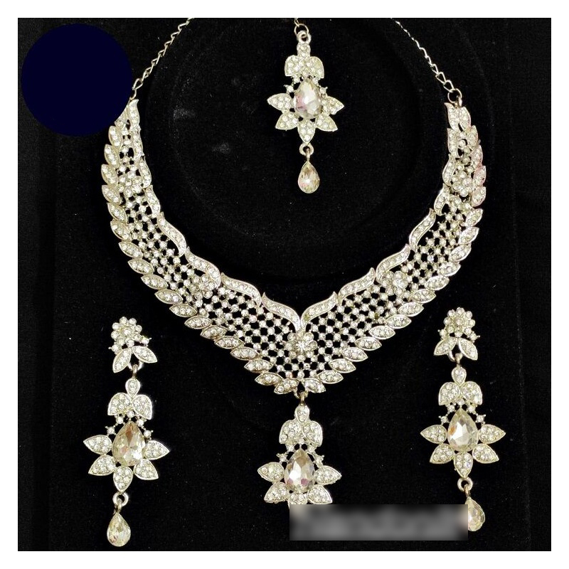Picture of Elegant & Gorgeous Party/Bridal Stone Necklace,Earring & Tikli Set for Women / Women Jewellery Set Silver