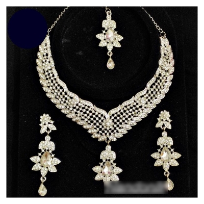 Picture of Elegant & Gorgeous Party/Bridal Stone Necklace,Earring & Tikli Set for Women / Women Jewellery Set Silver