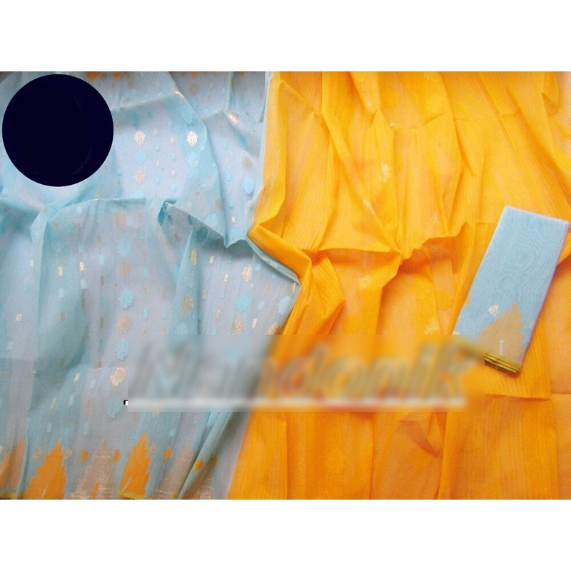 Picture of Sky Color and Yellow Combined Handloom Dhakai Jamdani Saree with Extra Jamdani Blouse Piece 