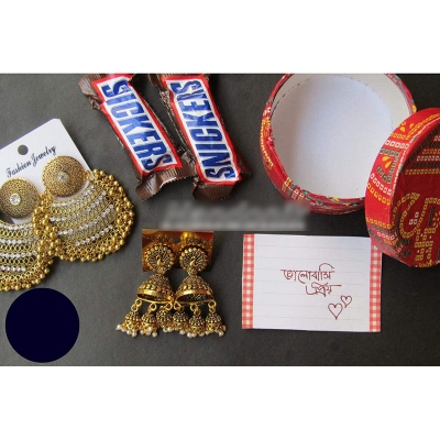 Picture of Elegant & Gorgeous,Budget Friendly Earring Combo Set With Chocolate Bar,Decorated Box and Chirkut 