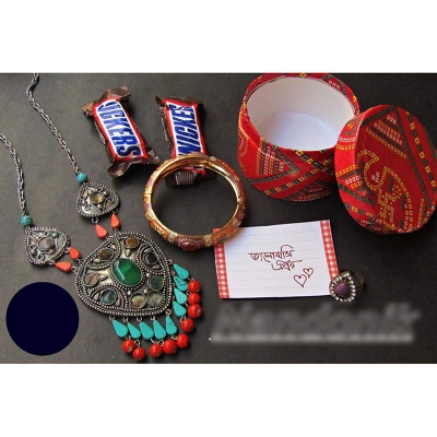Picture of Elegant & Gorgeous,Budget Friendly Jewellery Combo Set of Uncut Long Chain Necklace,Minakari Single Bala,Colourful Stone Finger Ring,Chocolate Bar,Decorated Box and Chirkut 