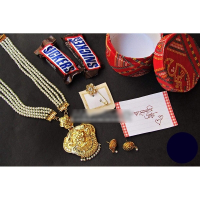 Picture of Elegant & Gorgeous,Budget Friendly Jewellery Combo Set of  artificial Pearl Necklace With Matching Earring,Stone Hijab Pin,Chocolate Bar,Decorated Box and Chirkut 