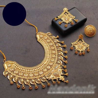 Picture of Elegant & Gorgeous Party-wear Semi Bridal Jewellery  Set of Goldplated Necklace With Matching Goldplated Earring and Fingerring for Women Gold