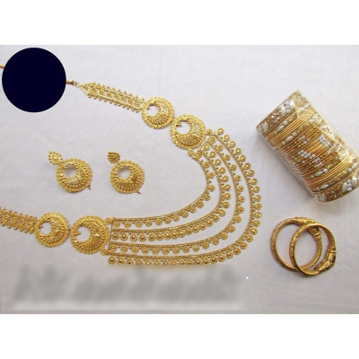 Picture of Elegant & Gorgeous Party-wear Bridal Jewellery Combo Set of Goldplated Necklace With Matching Goldplated Earring, 1 Pair of 2.4 Size Imitation Mokormukho Bala Bengals And 1 Set of Metal Thread Bangles for Women 