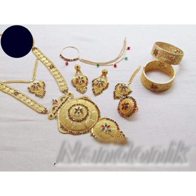 Picture of Elegant & Gorgeous Party-wear Bridal Jewellery Combo Set of Goldplated Necklace With Matching Goldplated Earring, 1 Pair of 2.4 Size Imitation Mokormukho Bala Bengals And 1 Set of Metal Thread Bangles for Women 