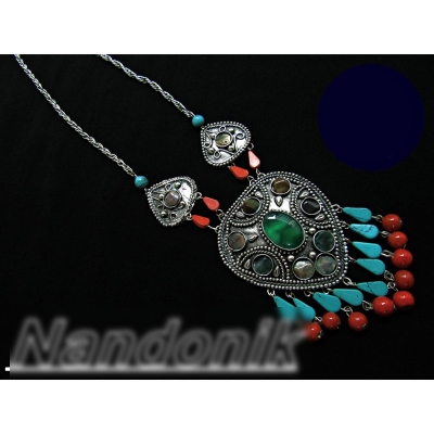 Picture of Oxidized Uncut Stone Long Chai Necklace Multicolor