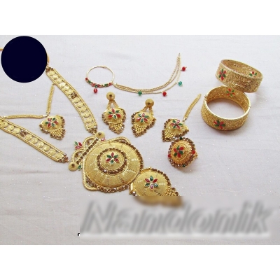 Picture of Elegant & Gorgeous Party-wear Gold Plated Necklace,Earring,Tikli,Nose Ring,Finger Ring,Chur Bengles Women / Women Jewellery Set Multicolor
