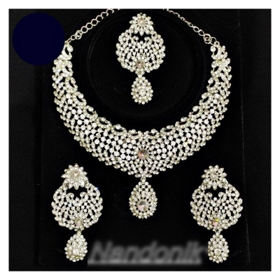 Picture of Elegant & Gorgeous Party/Bridal Stone Necklace,Earring & Tikli Set for Women / Women Jewellery Set Silver