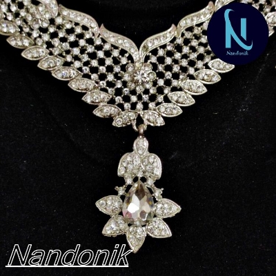 Picture of Elegant & Gorgeous Party/Bridal Stone Necklace,Earring & Tikli Set for Women / Women Jewellery Set Silver