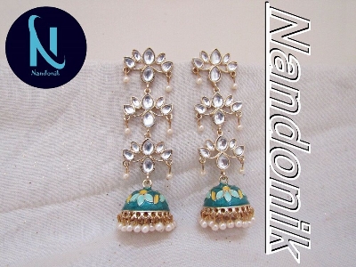Picture of Elegant Multi Layer Long Stone Oil painted Meenakari Jhumka Earrings for Women 
