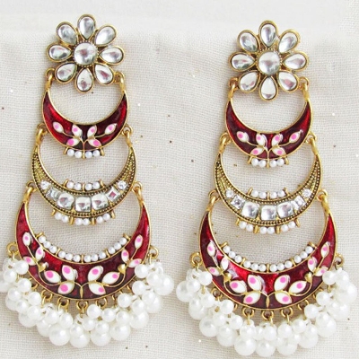 Picture of Elegant Oil painted Meenakari Chandbali Jhumka Earrings for Women 