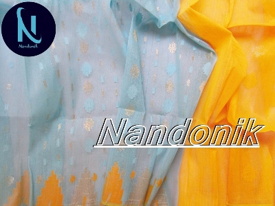 Picture of Sky Color and Yellow Combined Handloom Dhakai Jamdani Saree with Extra Jamdani Blouse Piece 
