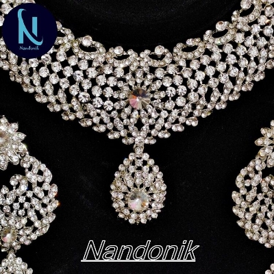 Picture of Elegant & Gorgeous Party/Bridal Stone Necklace,Earring & Tikli Set for Women / Women Jewellery Set Silver