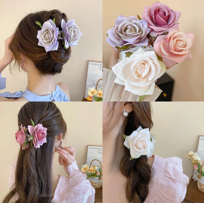 Picture of Double Side Rose Flower Hair Claw Handmade Fabric Flowers Grab Hair Clip Sweet Clip Hair Accessories - Multicolor
