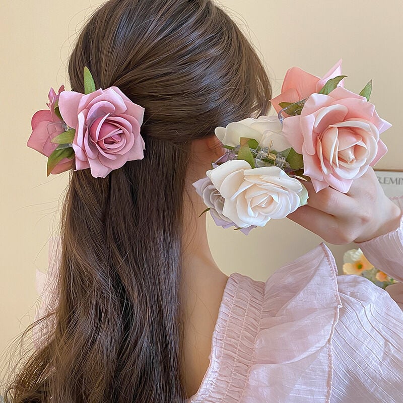 Picture of Double Side Rose Flower Hair Claw Handmade Fabric Flowers Grab Hair Clip Sweet Clip Hair Accessories - Multicolor