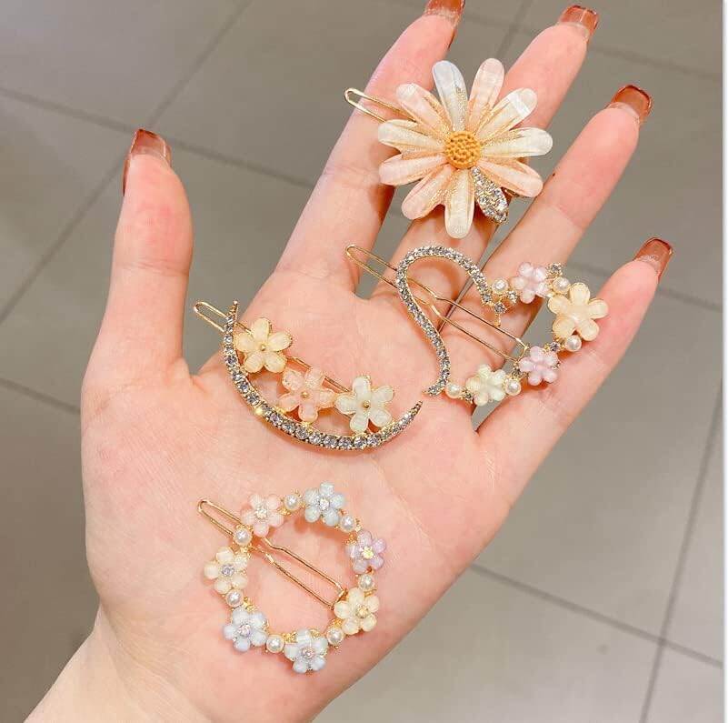 Picture of 4Pcs/Set Flower Heart Hair Clip Sets Heart Moon Rhinestone Pearl Hairpins For Women Girls Hair Accessories - Multicolor