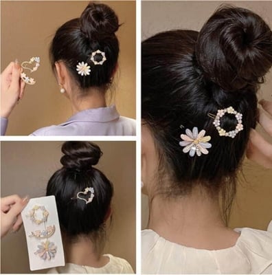 Picture of 4Pcs/Set Flower Heart Hair Clip Sets Heart Moon Rhinestone Pearl Hairpins For Women Girls Hair Accessories - Multicolor