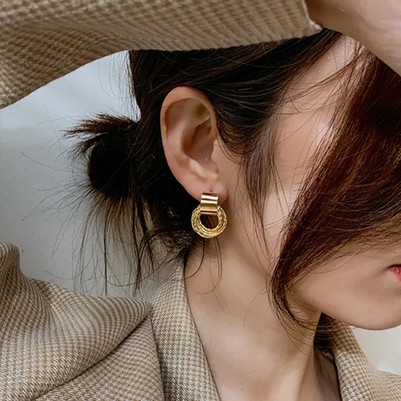 Picture of Retro Metal Gold Color Multiple Small Circle Stud Earrings for Women Korean Jewelry Fashion - Gold