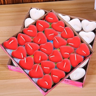 Picture of 50Pcs Heart Shaped Unscented Tealight Candles, Long Lasting, Smokeless & Dripless for Mood, Romantic Decor, Pool, Dinners - Red