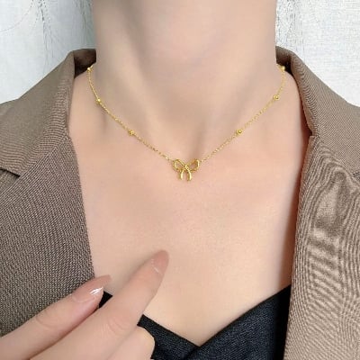 Picture of Metal Cute Cutout Bow Necklace for Women Hypoallergenic Lucky Jewelry Accessories Gifts - Gold