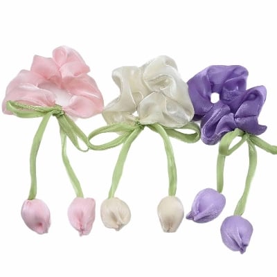 Picture of 3PCS Tulip Flower Scrunchies - Sweet Elastic Hair Rings for Women, Large-sized High-end Hair Ropes and Hair Accessories - Multicolor