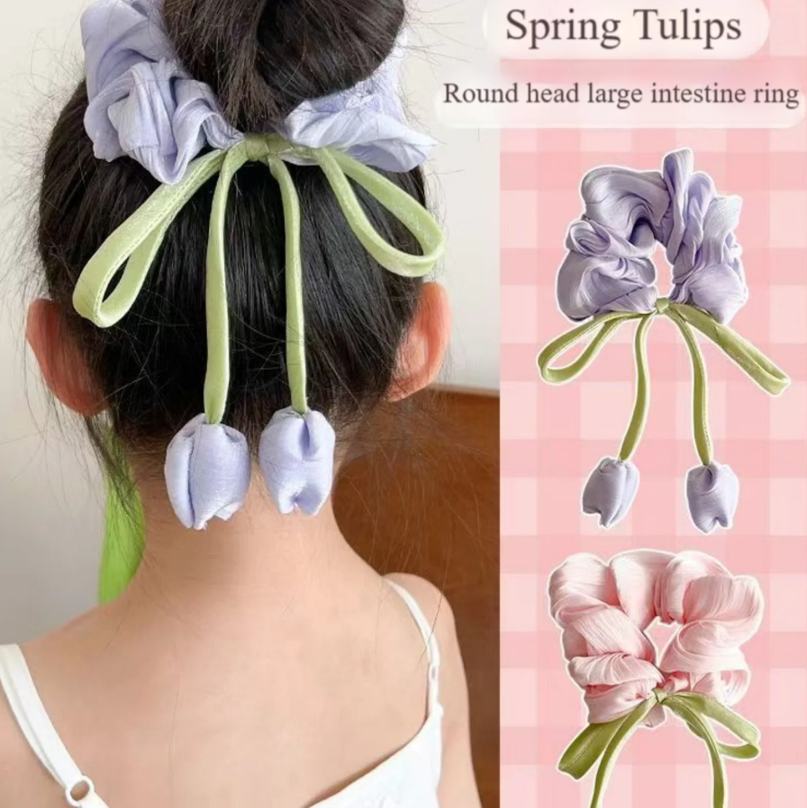 Picture of 3PCS Tulip Flower Scrunchies - Sweet Elastic Hair Rings for Women, Large-sized High-end Hair Ropes and Hair Accessories - Multicolor