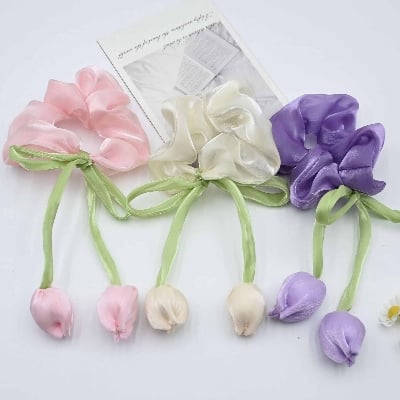 Picture of 3PCS Tulip Flower Scrunchies - Sweet Elastic Hair Rings for Women, Large-sized High-end Hair Ropes and Hair Accessories - Multicolor