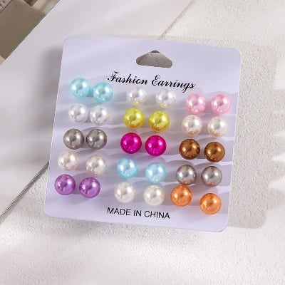 Picture of Colorful Stud earrings Elegant Women's Round ball earrings 15 pairs/set Fashion jewelry for Daily wear Party accessories Fashion enthusiasts Gift for women Bridal jewelry - Multicolor