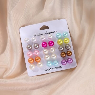 Picture of Colorful Stud earrings Elegant Women's Round ball earrings 15 pairs/set Fashion jewelry for Daily wear Party accessories Fashion enthusiasts Gift for women Bridal jewelry - Multicolor