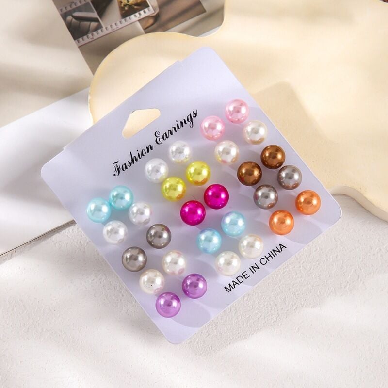 Picture of Colorful Stud earrings Elegant Women's Round ball earrings 15 pairs/set Fashion jewelry for Daily wear Party accessories Fashion enthusiasts Gift for women Bridal jewelry - Multicolor