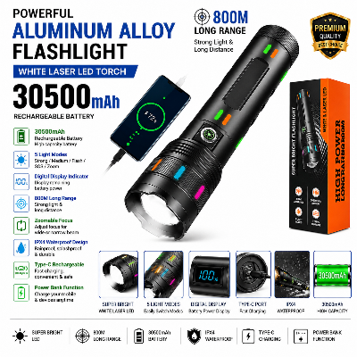 Picture of Powerful Aluminum Alloy Flashlight 30500mAh | Sanford White Laser LED Torch | 800M Long Range Waterproof Torch | Type-C Rechargeable Digital Display Flashlight for Outdoor, Camping & Emergency Use Black